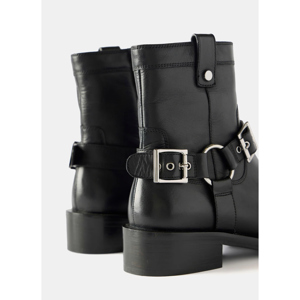 Mint Velvet Black Leather Buckled Biker Ankle Boots